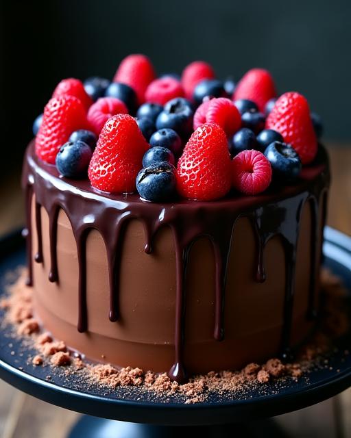 A rich chocolate drip cake with berry decorations.