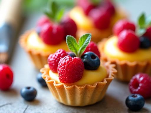 Colourful mini fruit tarts with custard filling.