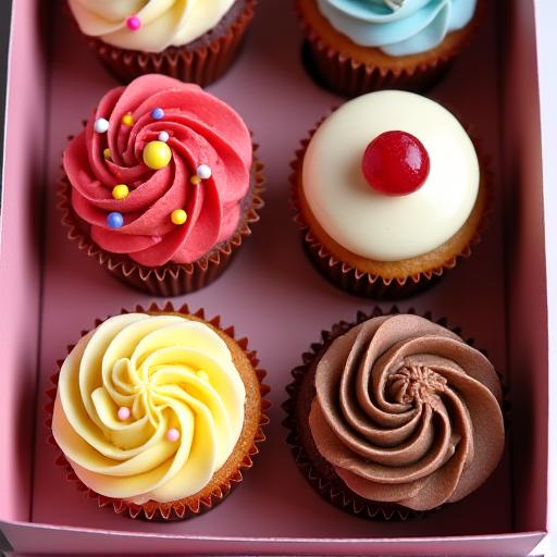 A box of six assorted gourmet cupcakes.