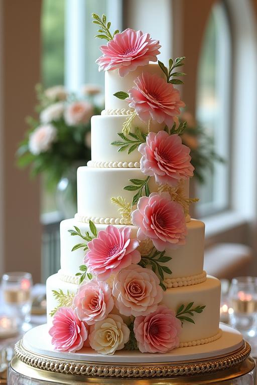 Elegant multi-tiered floral wedding cake.
