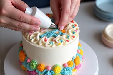 Hands piping intricate details on a celebration cake.