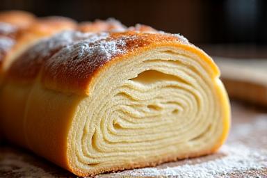 Close-up of a perfectly laminated sourdough pastry.